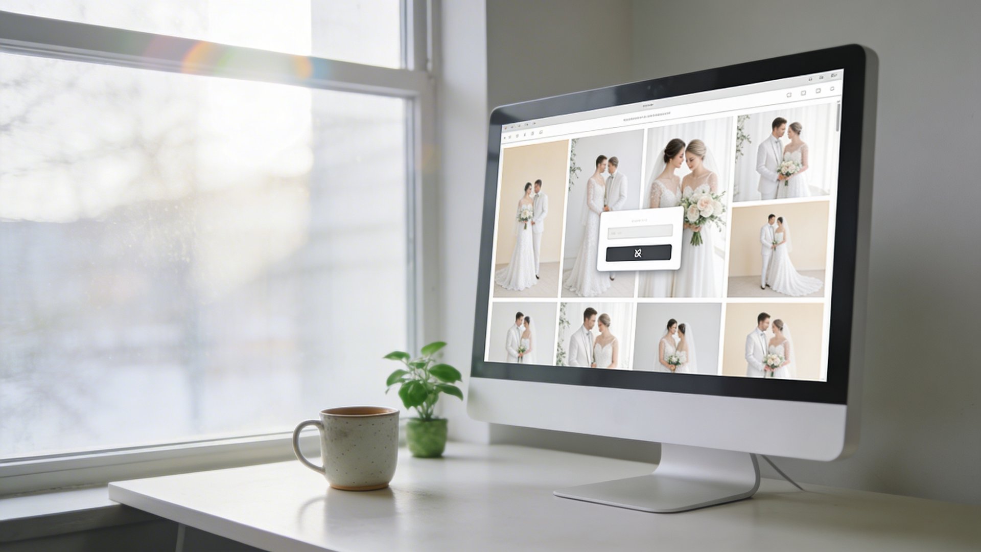Pixieset client gallery showing minimalist iMac design with password-protected wedding photo proofing interface