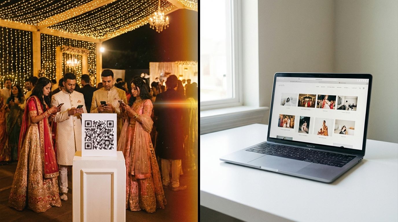 QR code wedding photo sharing with AI face recognition photo delivery system — Pixieset alternative for event photographers