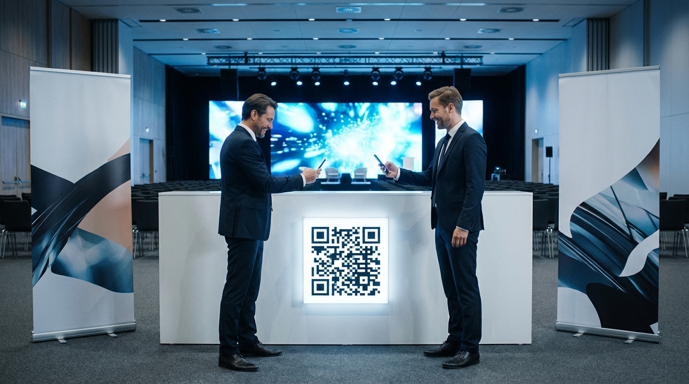 Corporate conference attendees scanning Foto Owl AI QR code at registration desk with sponsor banners and LED stage in the background