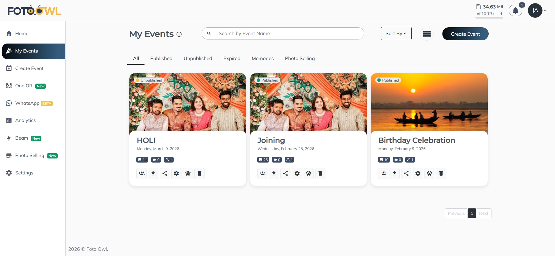 Create a new event in Foto Owl — fill in event details and click Next: Select Design