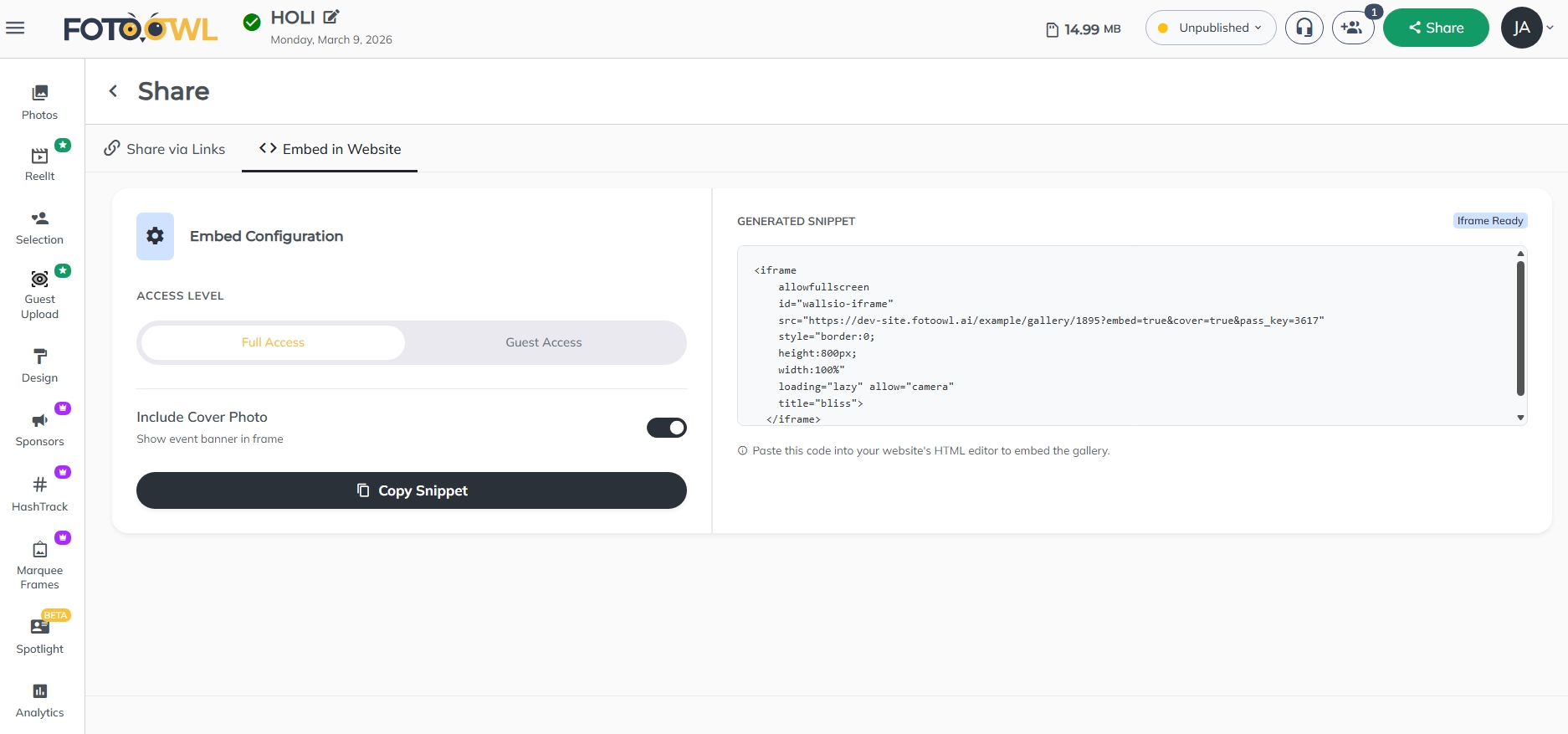 Click Share Event and choose Embed in your Website