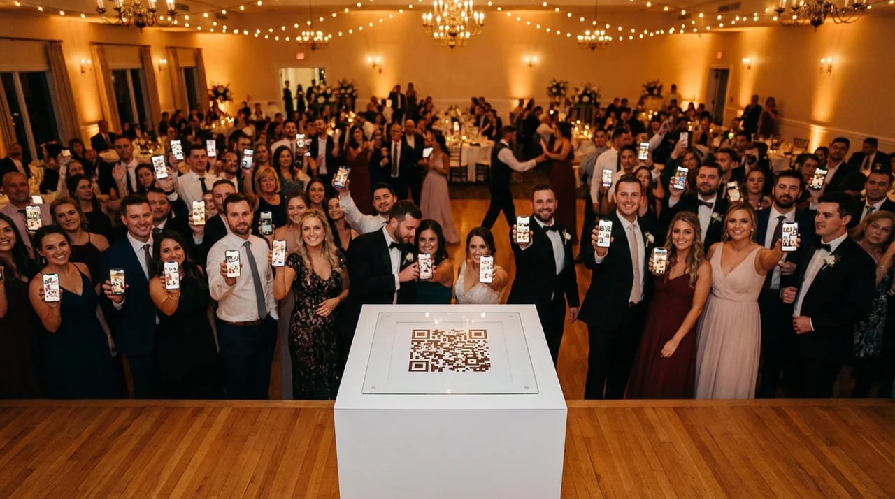 Photographer at a wedding event with guests viewing personalized photo galleries on smartphones — best cloud storage for photographers 2026