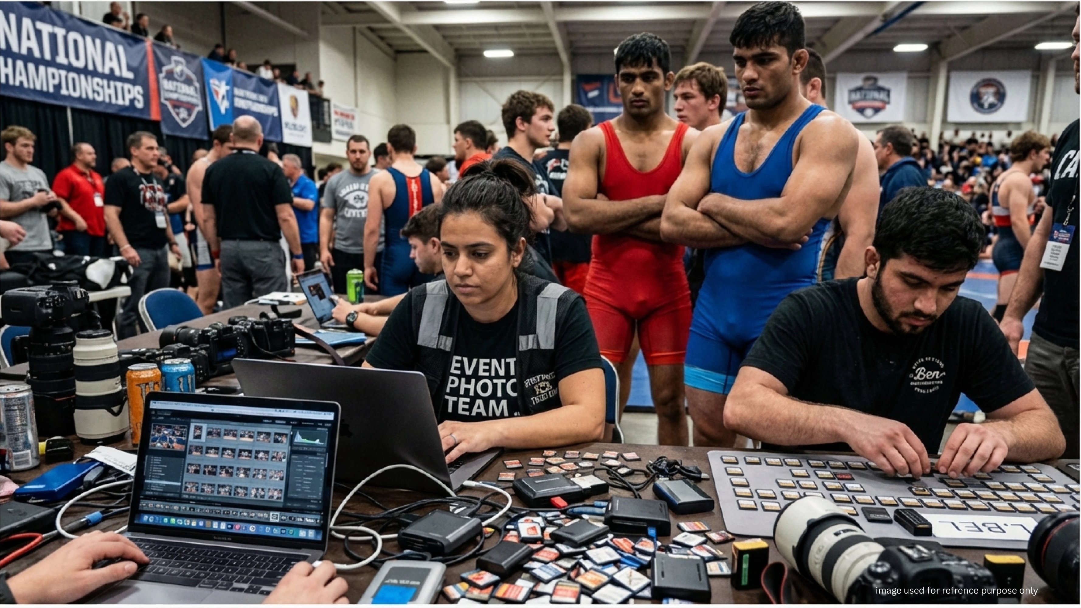 Photography team sorting photos amid chaotic wrestling event with athletes waiting impatiently