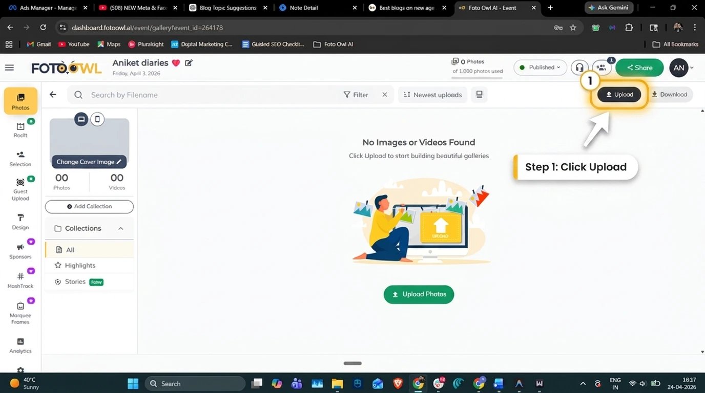 Foto Owl AI event gallery dashboard showing the Upload button for importing Google Drive photos
