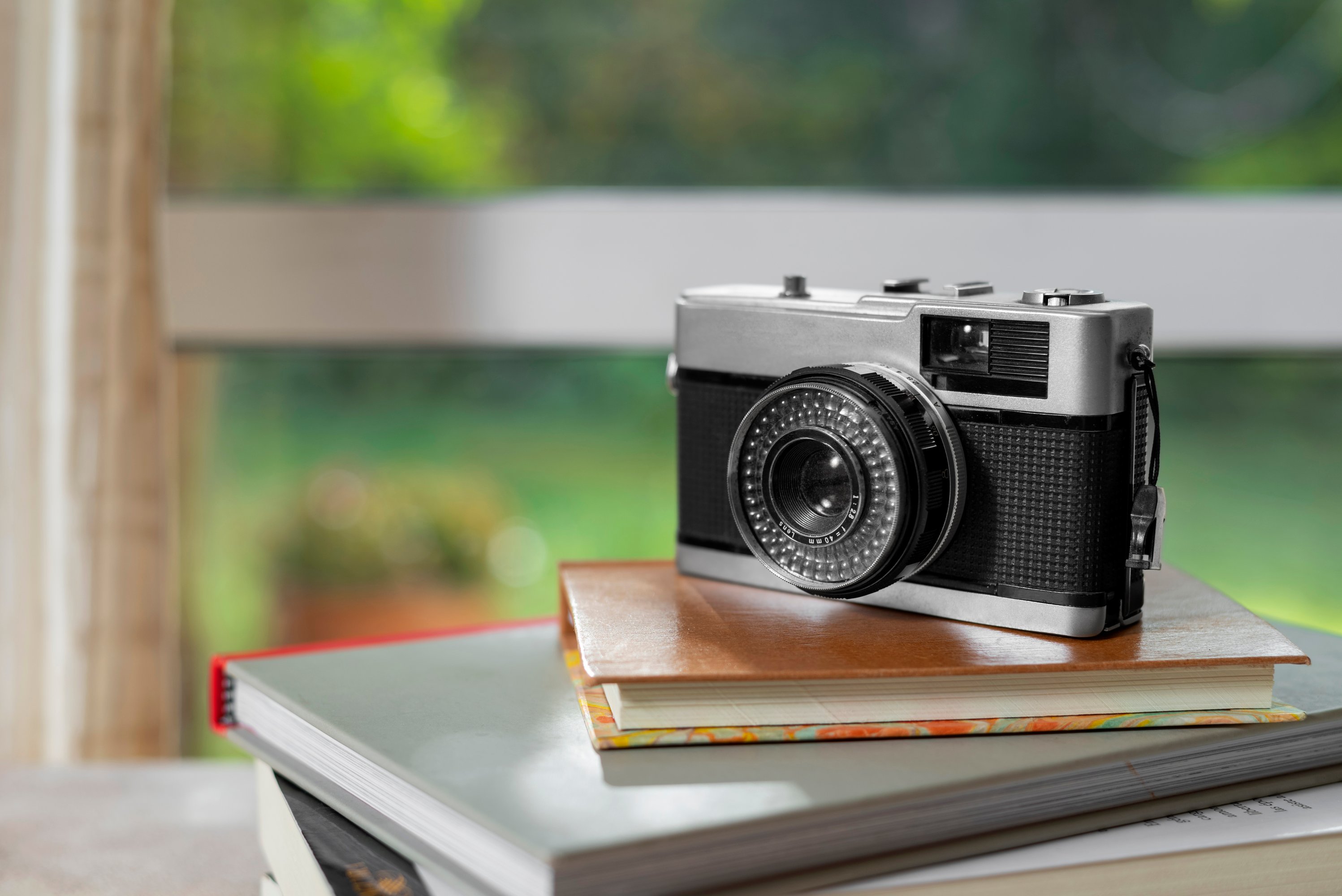 High angle photo camera indoors still life