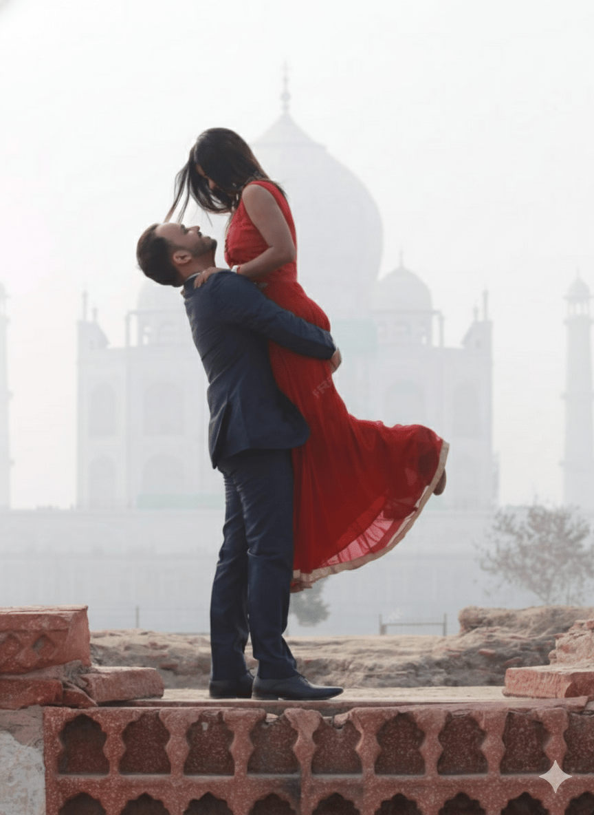 Side view man lifting woman in garden