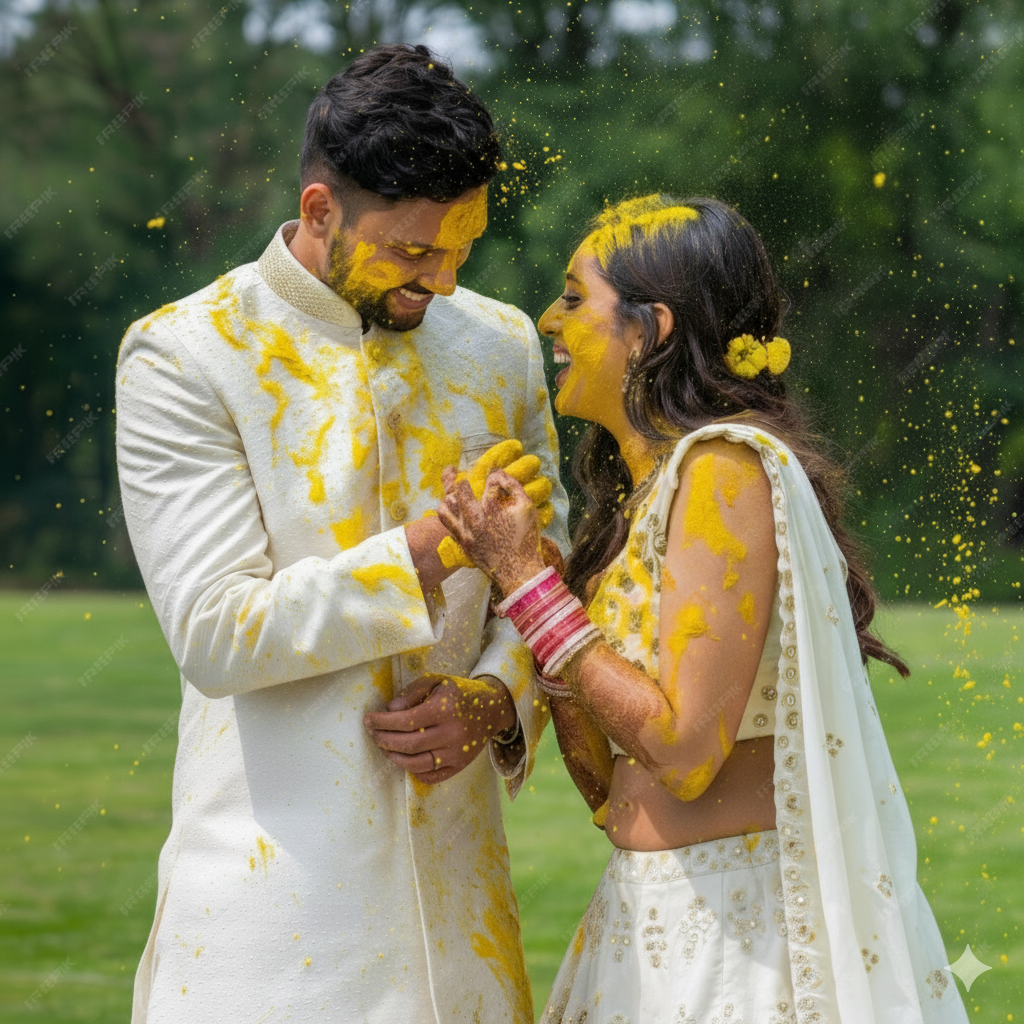 Indian bride and groom smiling during candid celebration