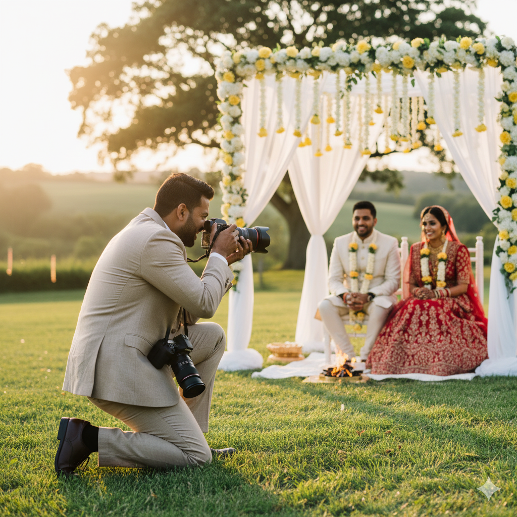Professional male wedding photographer taking pictures of a bride and groom outdoors