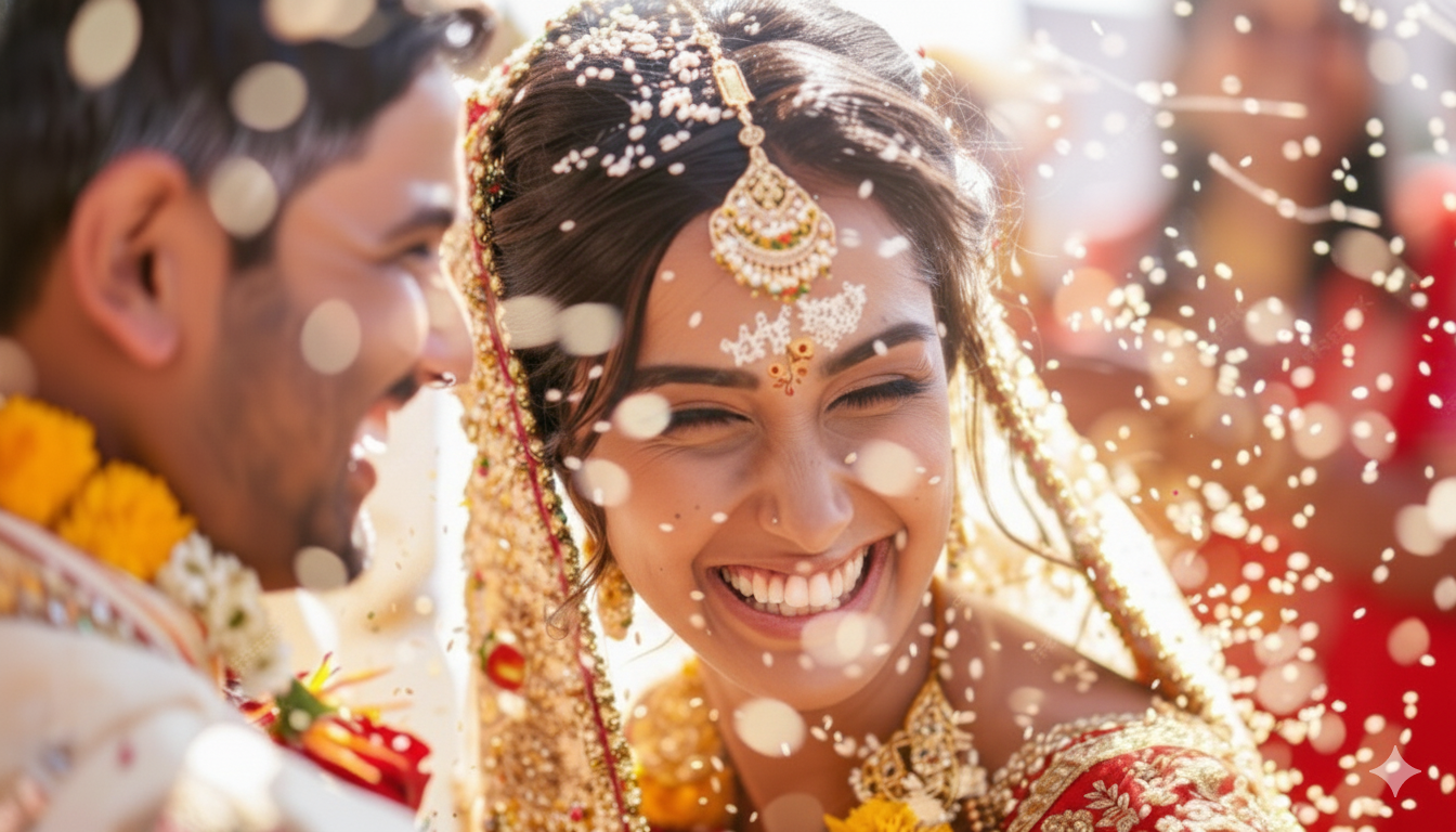 Indian couple celebrating candidly with family