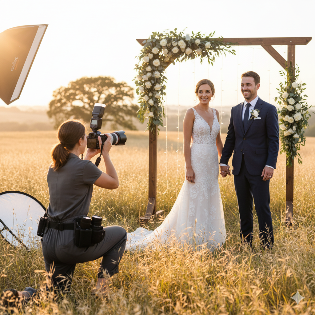Professional male wedding photographer taking pictures of a bride and groom in nature