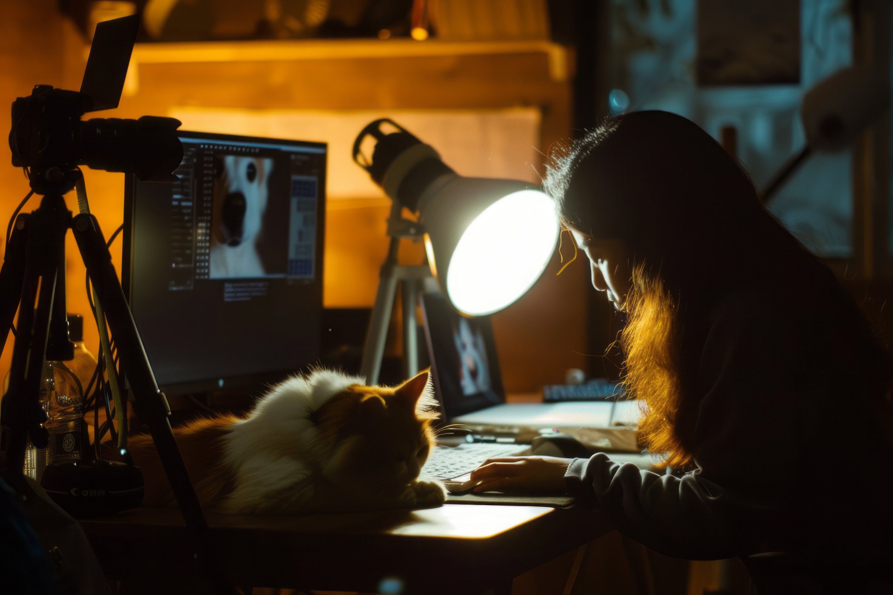 Female photographer editing wedding photos on her laptop at night