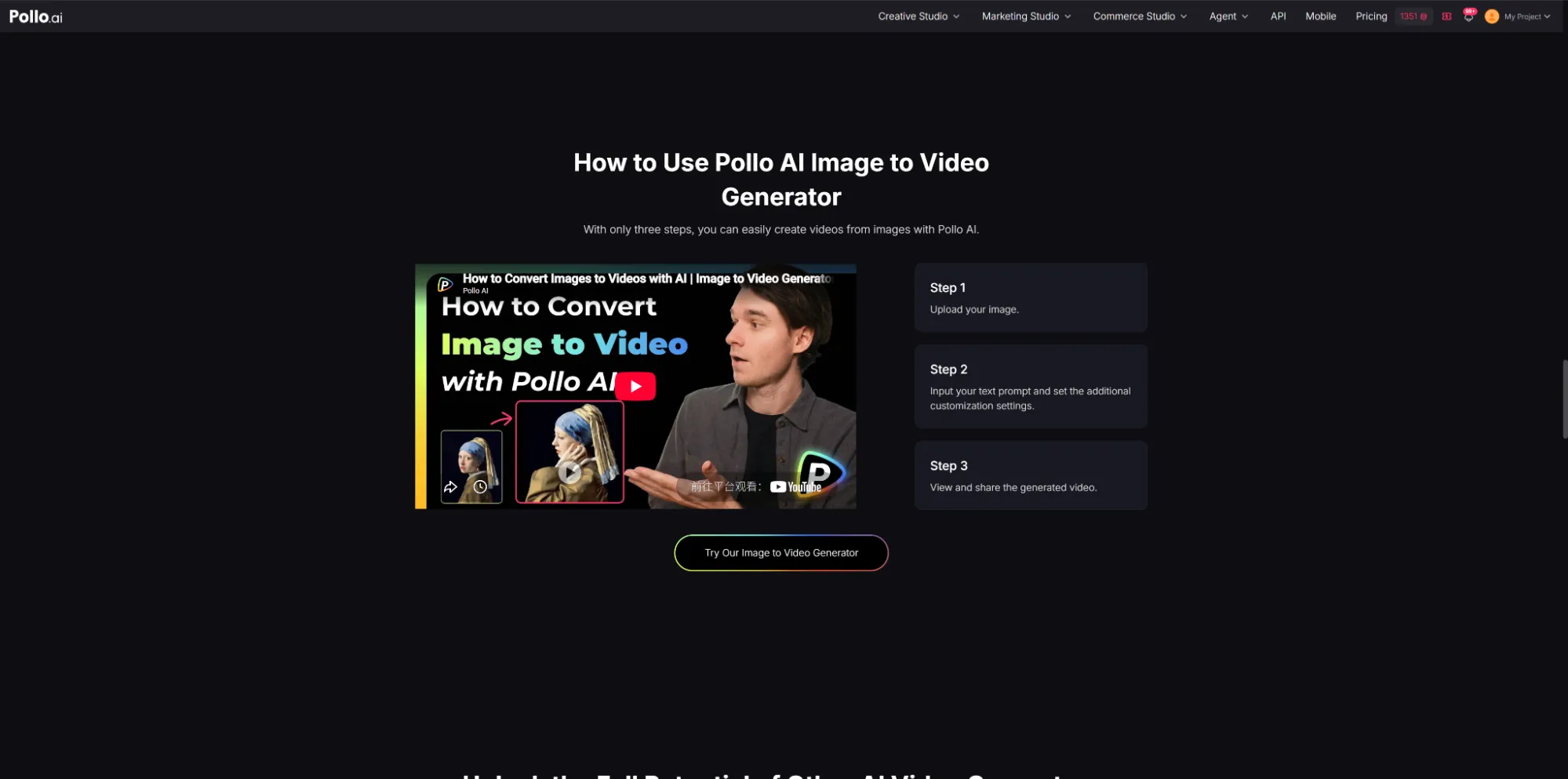 Step-by-step tutorial graphic showing how to use Pollo AI's image to video generator