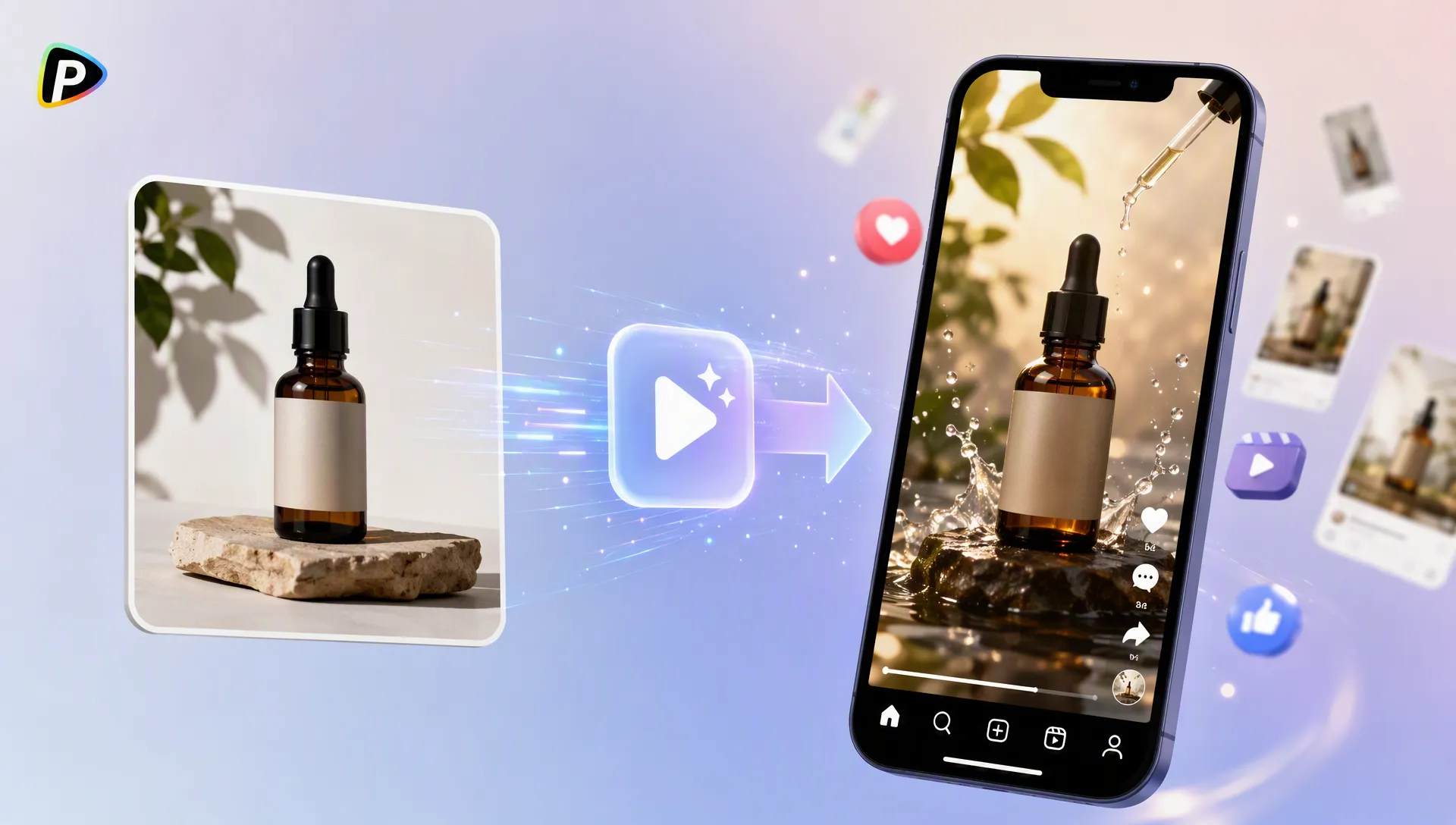 Pollo AI image to video generator turning a product photo of a perfume bottle into a social media video
